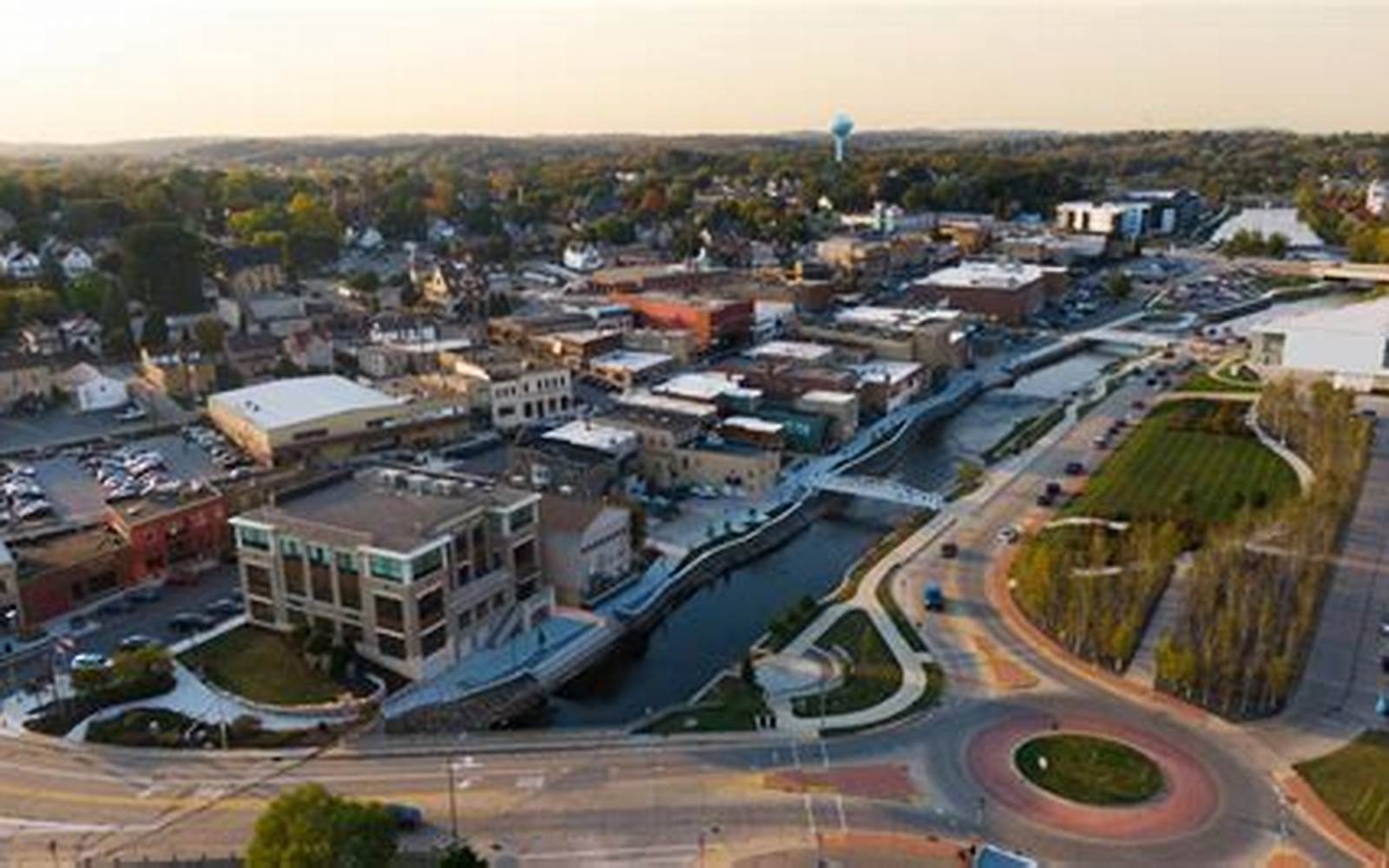 Aerial view of downtown West Bend and the Riverwalk